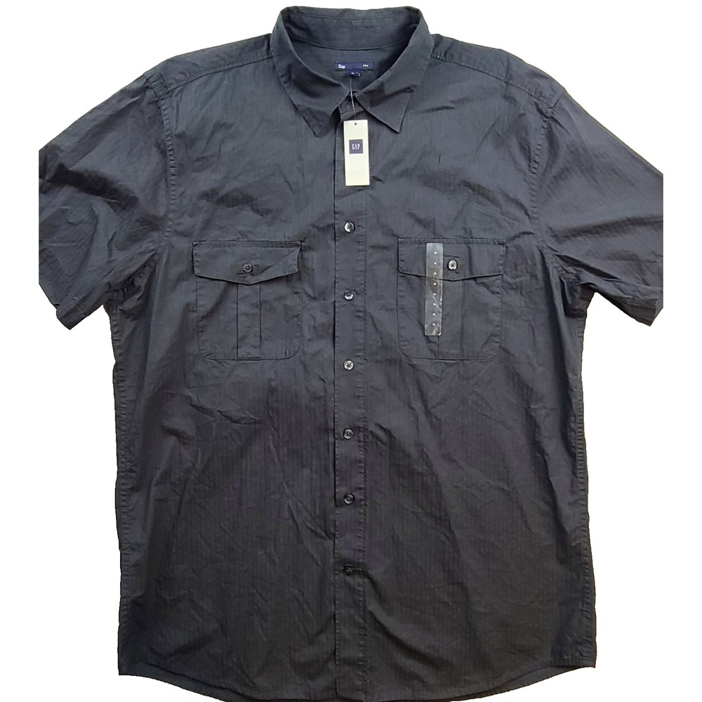 GAP The Big Shirt Mens XL Black Tonal Stripe Button Down Short Sleeve 738357-04